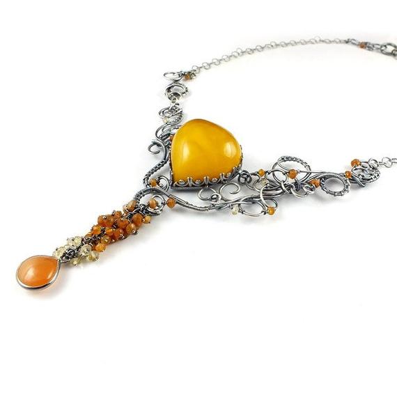Luxury Wire Wrapped Necklace, Amber Jewelry, Gemstone Fine Jewelry, Statement Necklace