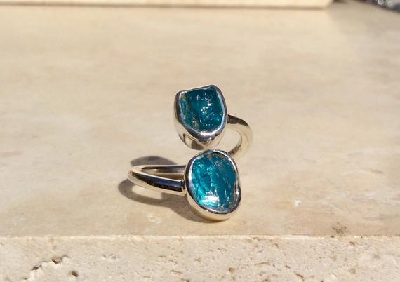 Gift For Sister, Womens’ Raw Gemstone Silver Ring, Double Stone Adjustable Ring, Blue Apatite