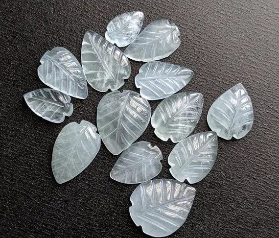 11-14mm Aquamarine Cabochons, Natural Hand Carved Leaf Shape Cabochons, Aquamarine Flat Back Cabochons For Jewelry, 6 Pcs - Pdg236