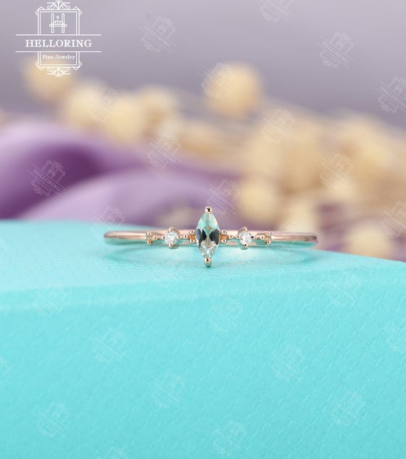Aquamarine Engagement Ring Marquise Cut Three Stone Diamond Cluster Wedding Ring Minimalist Ring Simple Promise Anniversary Ring