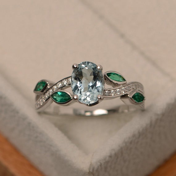 Aquamarine Ring, Sterling Silver, Aquamarine Engagement Ring, Natural Aquamarine, Oval Cut Blue Gemstone Ring