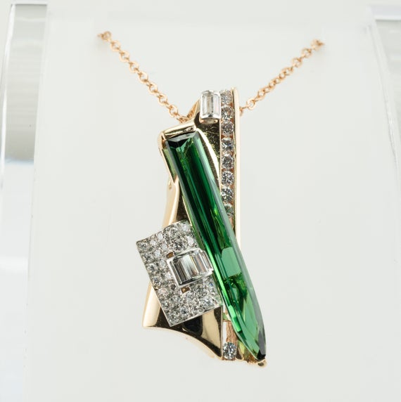 Art Deco Diamond Green Tourmaline Pendant, Vintage 14k Gold