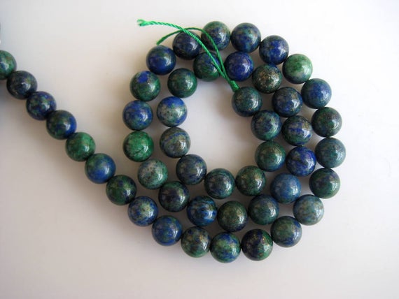 Large Hole Gemstone Beads, 8mm Azurite Malachite Smooth Round Mala Beads, Drill Size 1mm, 15 Inch Strand, Gds590