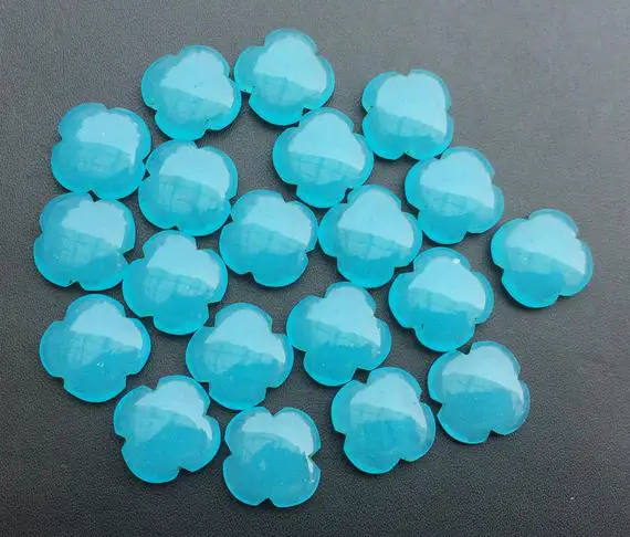 15mm Blue Chalcedony Fancy Floral Cabochons, 6 Pieces Blue Chalcedony Clover Shape, Flat Plain Blue Floral Gems For Jewelry - Ks3194