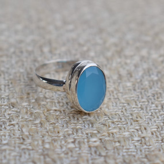 Natural Faceted Blue Chalcedony Ring, 925 Sterling Silver Ring, Birthday Gift, Oval Ring, Gift For Mom, Gemstone Ring, Handmade Ring