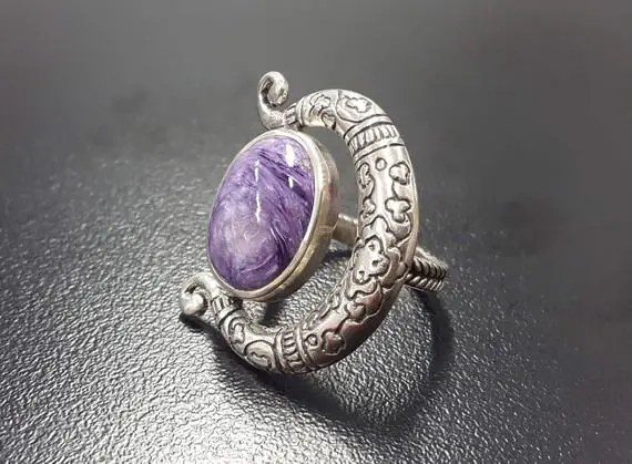 Charoite Ring, Natural Charoite Ring, Purple Ring, Silver Statement Ring, Tribal Silver Ring, Purple Vintage Ring, Rare By Adina