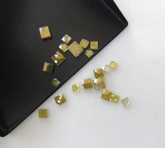Set Of 7 Pieces 2mm To 3.5mm Yellow Square Cushion Shape Flat Back Rose Cut Diamond Slice Loose, Yellow Faceted Diamond Cabochon, Dds511/17