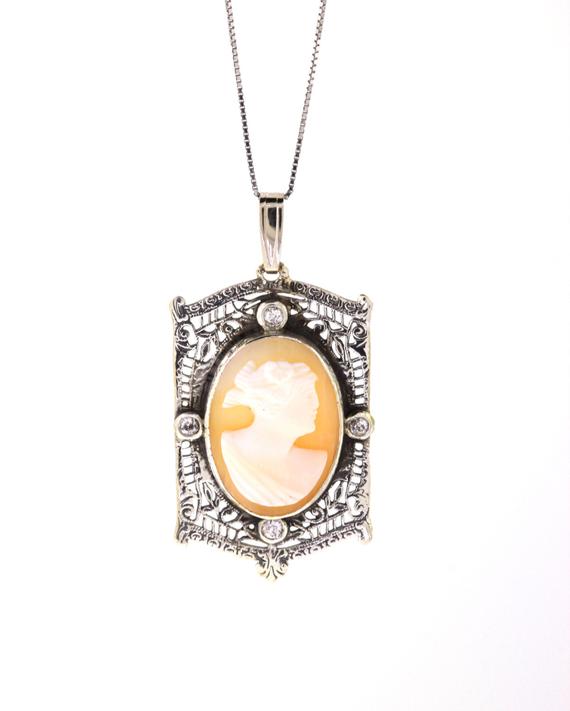 Antique Cameo Pendant, Sterling Silver Diamond Cameo Necklace, Victorian Cameo Necklace