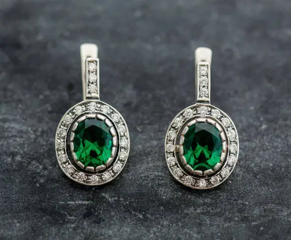 Emerald Earrings, Created Emerald, Antique Earrings, Vintage Earrings, Antique Emerald Earrings, Silver Earrings, Green Vintage Earrings