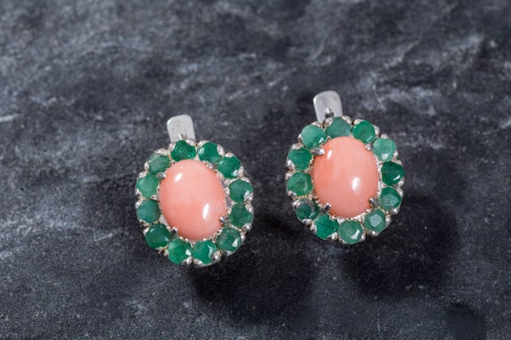 Emerald Earrings, Natural Emerald, Coral Earrings, Natural Coral, Vintage Emerald, Pink Coral, March Birthstone, May Birthstone, Silver