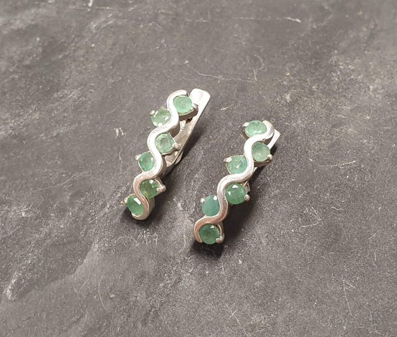 Emerald Earrings, Natural Emerald, May Birthstone, Long Asymmetric Studs, Green Vintage Earrings, May Stud Earrings, Solid Silver Earrings