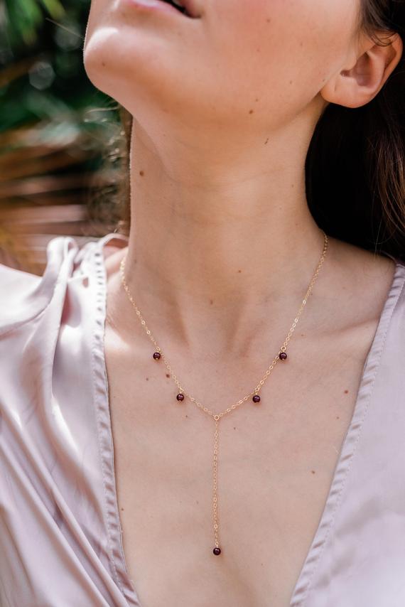 Garnet Boho Bead Drop Lariat Necklace In Bronze, Silver, Gold Or Rose Gold - 18" With 2" Adjustable Extender & 3" Drop. January Birthstone