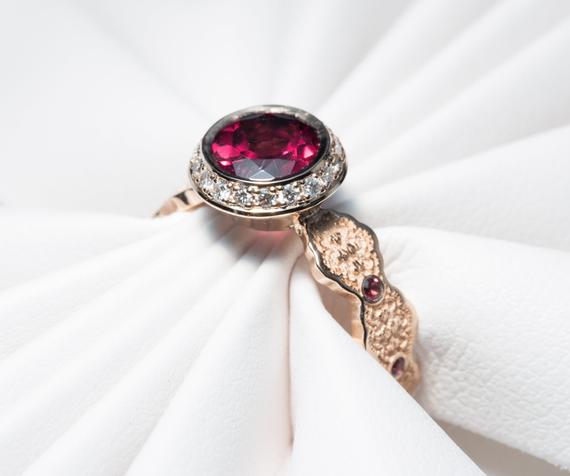 Garnet Birthstone Ring, Mother's Birthstone Ring, Rhodolite Garnet Ring, Unique Engagement Ring, Diamond Halo Ring, Gold Lace Ring, Mothers