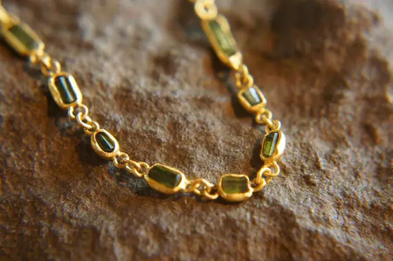 Gem Gold Necklace//24k Gold Necklace//green Tourmaline Necklace//tourmaline Gold Necklace//multi Stone Necklace//artisan Hand Made Boho Gold