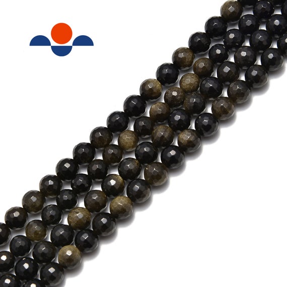 Natural Gold Sheen Obsidian Faceted Round Beads 6mm 8mm 10mm 15.5" Strand