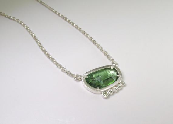 Green Tourmaline Pendant With Sapphire Accent Stone In Sterling Silver - Rosecut Green Tourmaline - Handmade Pendant - Ready To Ship!