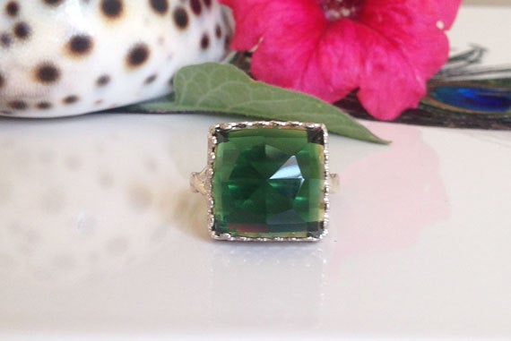 Green Tourmaline Ring - Square Crown Ring - Silver Ring - Green Gemstone Ring - Rose Cut Green Tourmaline - Engagement Ring