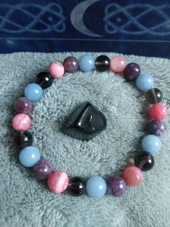 Grief And Loss Bracelet With Lepidolite, Smoky Quartz, Rhodochrosite, Angelite And Apache Tear Tumblestone Natural Crystal