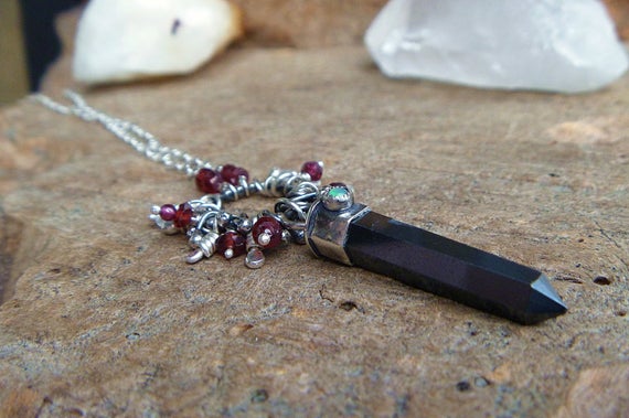 Hematite Crystal Point, Opal And Garnet Sterling Silver Necklace // 20" Chain // Hematite Jewelry // Handmade Jewelry / Metaphysical Jewelry