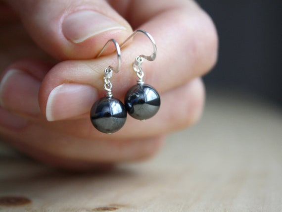Hematite Earrings . Healing Stone For Anxiety Relief Earrings . Dark Grey Earring . Silver Ball Earrings