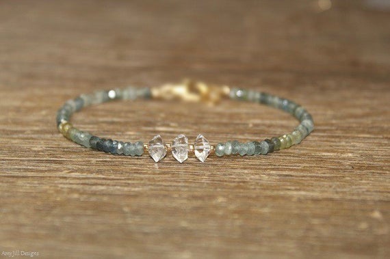Moss Aquamarine And Herkimer Diamond Bracelet, Moss Aquamarine Jewelry, March Birthstone, Ombre, Gemstone Jewelry