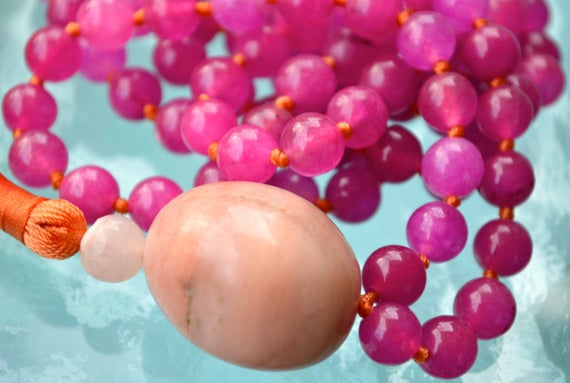 108 Pink Jade Prayer Beads Hand Knotted Mala Beads Necklace -heart Chakra Self Healer For Stress Relief, Abundance, Spiritual Powers