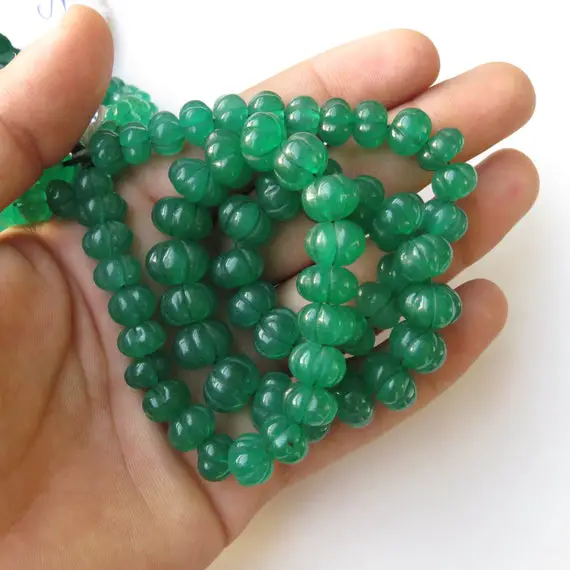 Green Jade Carved Melon Beads, Green Jade Melon Beads, 9mm To 12mm Green Jade Melon Beads, 16 Inch Blue Melon Bead Strand, Gds1412