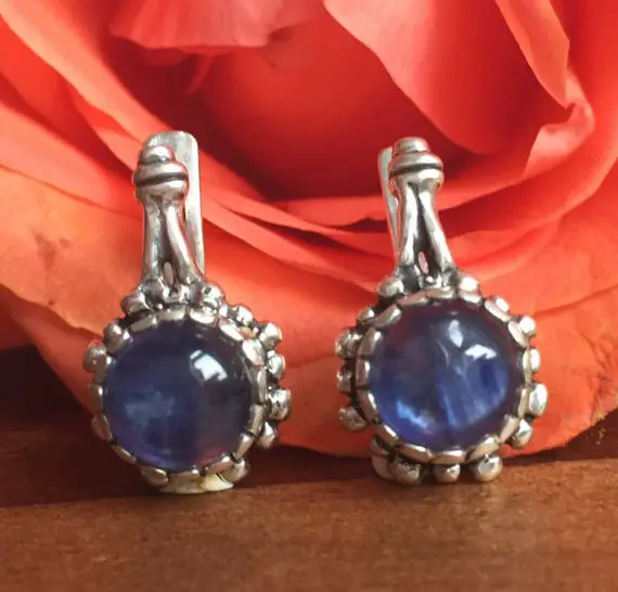 Vintage Earrings, Kyanite Earrings, Flower Earrings, Taurus Birthstone, Blue Earrings, Taurus Earrings, Kyanite, Solid Silver Earrings