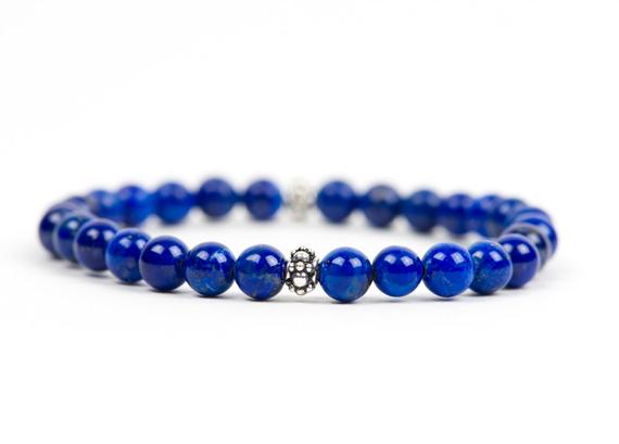 Lapis Lazuli Gemstone Bracelet, Navy Blue Handmade Jewelry, Chakra Gift Stretch Bracelet