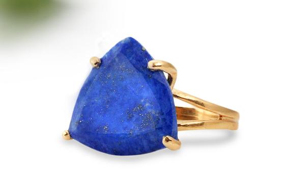 Rare Lapis Lazuli Ring · Unique Handmade Ring · Trillion Ring · Gemstone Ring · Triangle Ring · Navy Blue Ring For Women · Rose Gold Ring