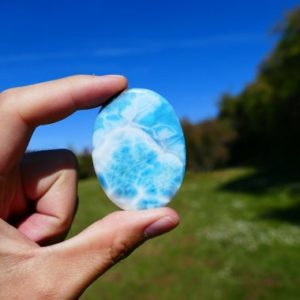 Shop Larimar Cabochons! Large Blue Larimar Gemstone Cabochon from the Dominican Republic | Natural genuine stones & crystals in various shapes & sizes. Buy raw cut, tumbled, or polished gemstones for making jewelry or crystal healing energy vibration raising reiki stones. #crystals #gemstones #crystalhealing #crystalsandgemstones #energyhealing #affiliate #ad
