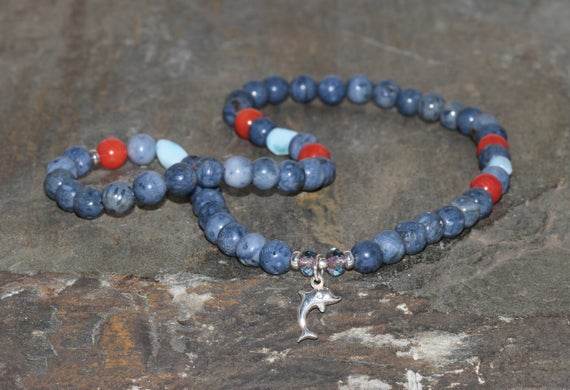 Blue Coral, Red Coral And Larimar Mala Handmade 6mm Coral With Irregular Larimar Beaded Gemstones Sterling Silver 925 Dolphin Czech Crystals