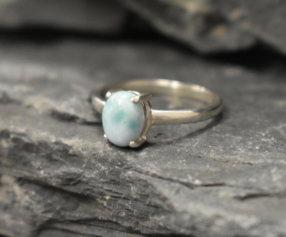 Larimar Ring, Natural Larimar, Blue Solitaire Ring, Dainty Ring, Promise Ring, Sky Blue Ring, Oval Ring, Simple Ring, Solid Silver Ring