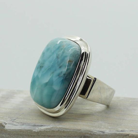 Stunning Larimar Stone Ring Blue Natural Rectangle Stone Larimar Caribbean Sea Color Ring Larimar Jewelry Sterling Silver 925 Solid Bezel