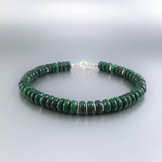 Bracelet Green Malachite And Silver Unique Gift For Her Or Him Genuine Natural Gemstone Polished Buttons Gift Boyfriend Girlfriend