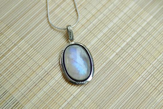 Glowing Moonstone Sterling Silver Oval Pendant // Lightning Sterling Silver Moonstone Pendant // Rainbow Shine Moonstone Necklace