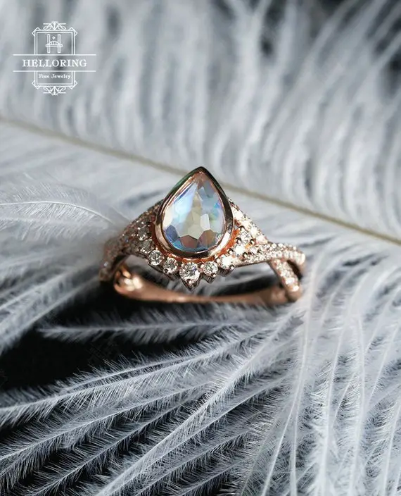 Moonstone Engagement Ring Rose Gold Engagement Ring Women Wedding Diamond Moissanite Vintage Ring Pear Shaped Twisted Bridal Promise Ring