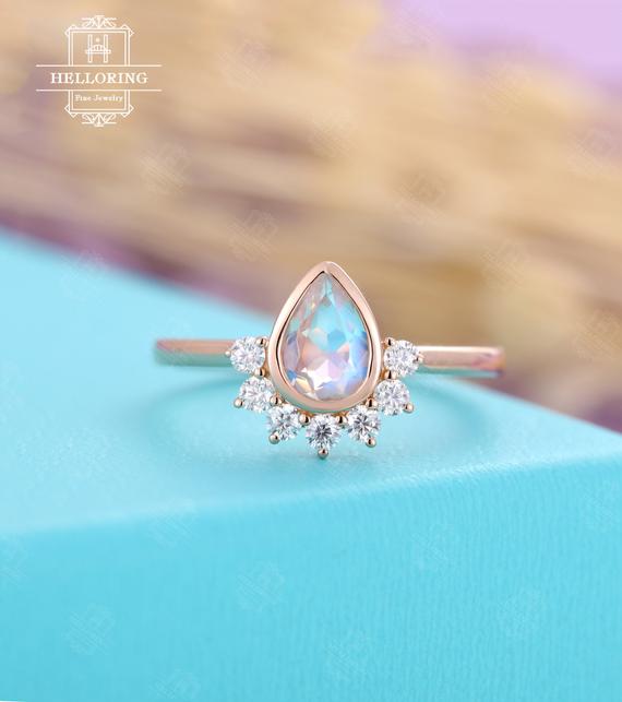 Pear Cut Moonstone Engagement Ring Rose Gold Vintage Unique Moissanite Ring Bridal Art Deco Prong Set Ring Anniversary Promise Ring