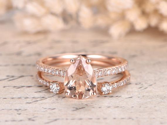 6x8mm Pear Cut Pink Morganite Ring Set 14k Rose Gold Morganite Engagement Ring Pave Diamond Wedding Ring Opening 6mm Wedding Band Bridal