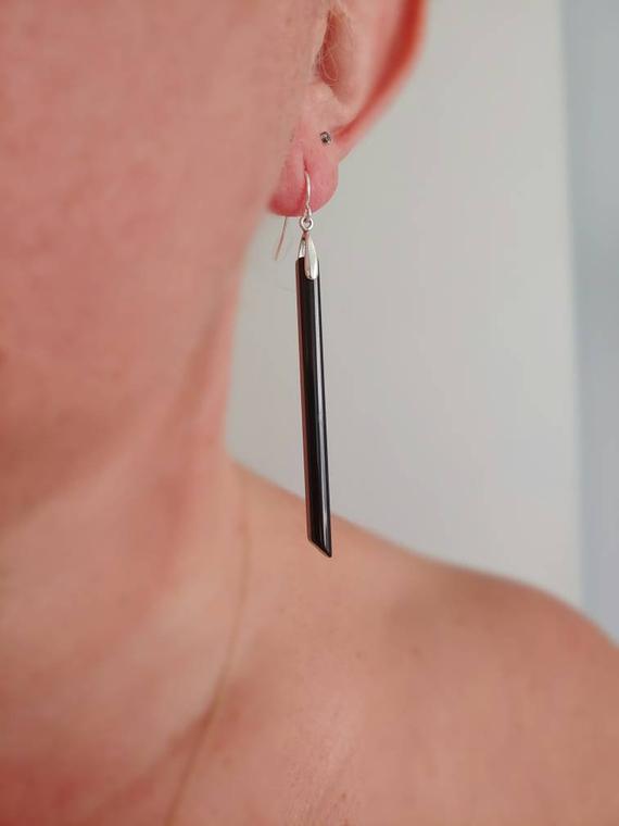 Stick Black Obsidian Stick Earrings. Dagger Earrings. Silver Obsidian Earrings