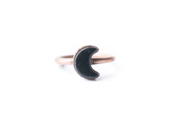 Black Obsidian Ring | Obsidian Moon Ring | Copper And Natural Obsidian Jewelry | Raw Stone Ring | Obsidian Ring