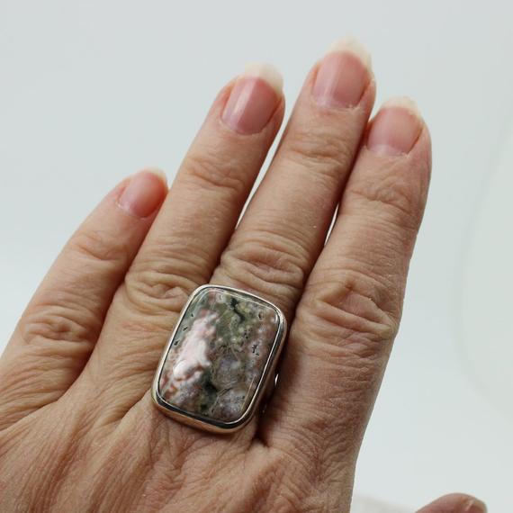 Flower Like Spring Colors Ocean Jasper Ring Rectangular Shape Cab Set On Sterling Silver 925 Quality Natural Stone Solid Silver Jewelry