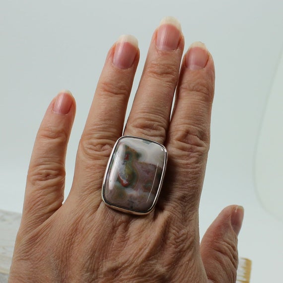 Ocean Jasper Soft Colors Ring Big Rectangular Shape Cab Set On Sterling Silver 925 Quality Natural Stone Solid Silver Jewelry