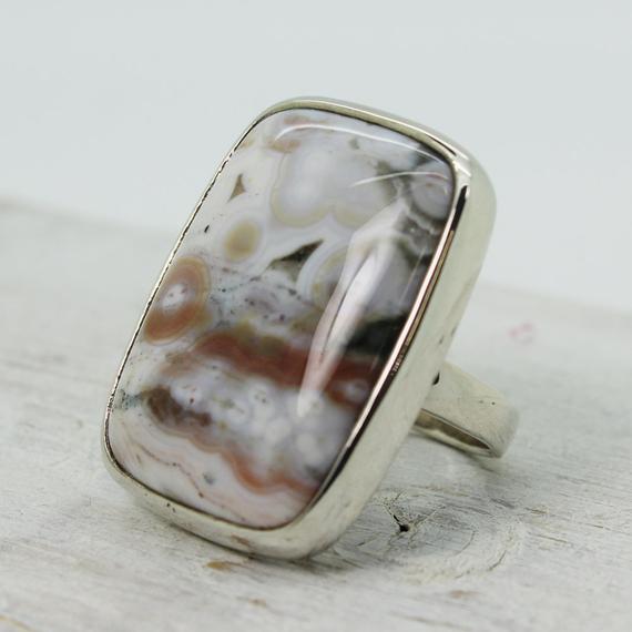 Spring Ocean Jasper Soft Colors Ring Big Rectangular Shape Cab Set On Sterling Silver 925 Quality Natural Stone Solid Silver Jewelry