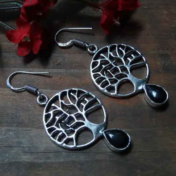 Tree Of Life Natural Sterling Silver Black Onyx Earrings - Natural Black Onyx  - Handmade Natural Stone Earrings - Black Onyx Earrings