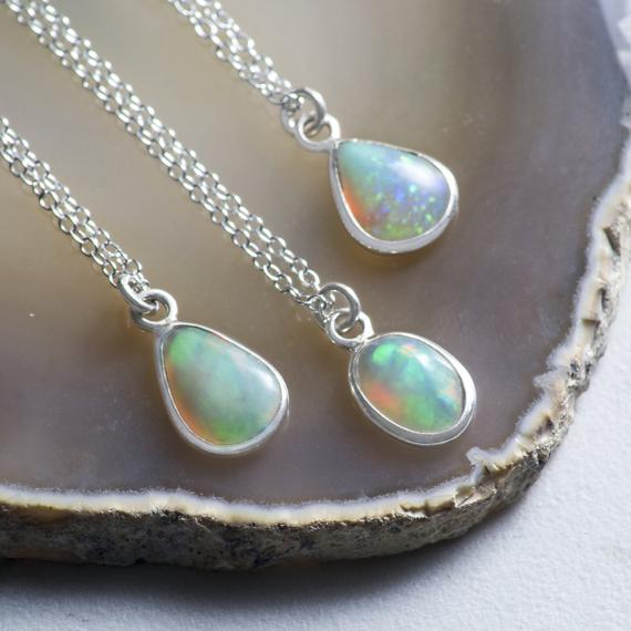 Opal October Birthstone Necklace, Silver Opal Pendant, Fire Opal Necklace, Anniversary Gifts, Birthstone Gift Mom, Dainty Silver Necklace