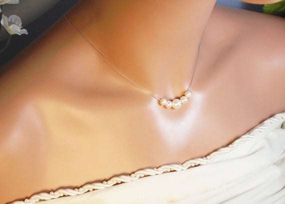 5 Graduated  Pearls Necklace, 5 Floating Pearl Necklace, Graduated Aaa Freshwater Pearl & Fine Sterling Silver Chain, Five Pearl Necklace