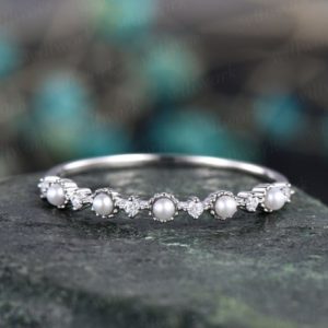 Fresh water pearl ring moissanite wedding band unique pearl ring stackable matching ring white/yellow/rose gold wedding anniversary gift | Natural genuine Pearl rings, simple unique alternative gemstone engagement rings. #rings #jewelry #bridal #wedding #jewelryaccessories #engagementrings #weddingideas #affiliate #ad