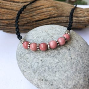 Shop Pink Calcite Bracelets! Pink Mangano macrame bracelet, Round pink stones, Silver & pink Calcite, Adjustable Mangano bracelet, black macrame, Natural stones jewelry | Natural genuine Pink Calcite bracelets. Buy crystal jewelry, handmade handcrafted artisan jewelry for women.  Unique handmade gift ideas. #jewelry #beadedbracelets #beadedjewelry #gift #shopping #handmadejewelry #fashion #style #product #bracelets #affiliate #ad