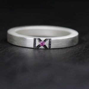 Shop Pink Sapphire Rings! Modern Pink Sapphire Wedding Ring Hand Carved Oxidized X Accent Minimalistic Simple Black White Hugs and Kisses Bridal Band – X-Tra Sweet | Natural genuine Pink Sapphire rings, simple unique alternative gemstone engagement rings. #rings #jewelry #bridal #wedding #jewelryaccessories #engagementrings #weddingideas #affiliate #ad